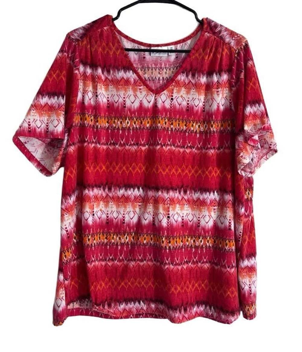 Kim Rogers Woman Pink Aztec Ikat Print V-Neck Short Sleeve Top Size 2X